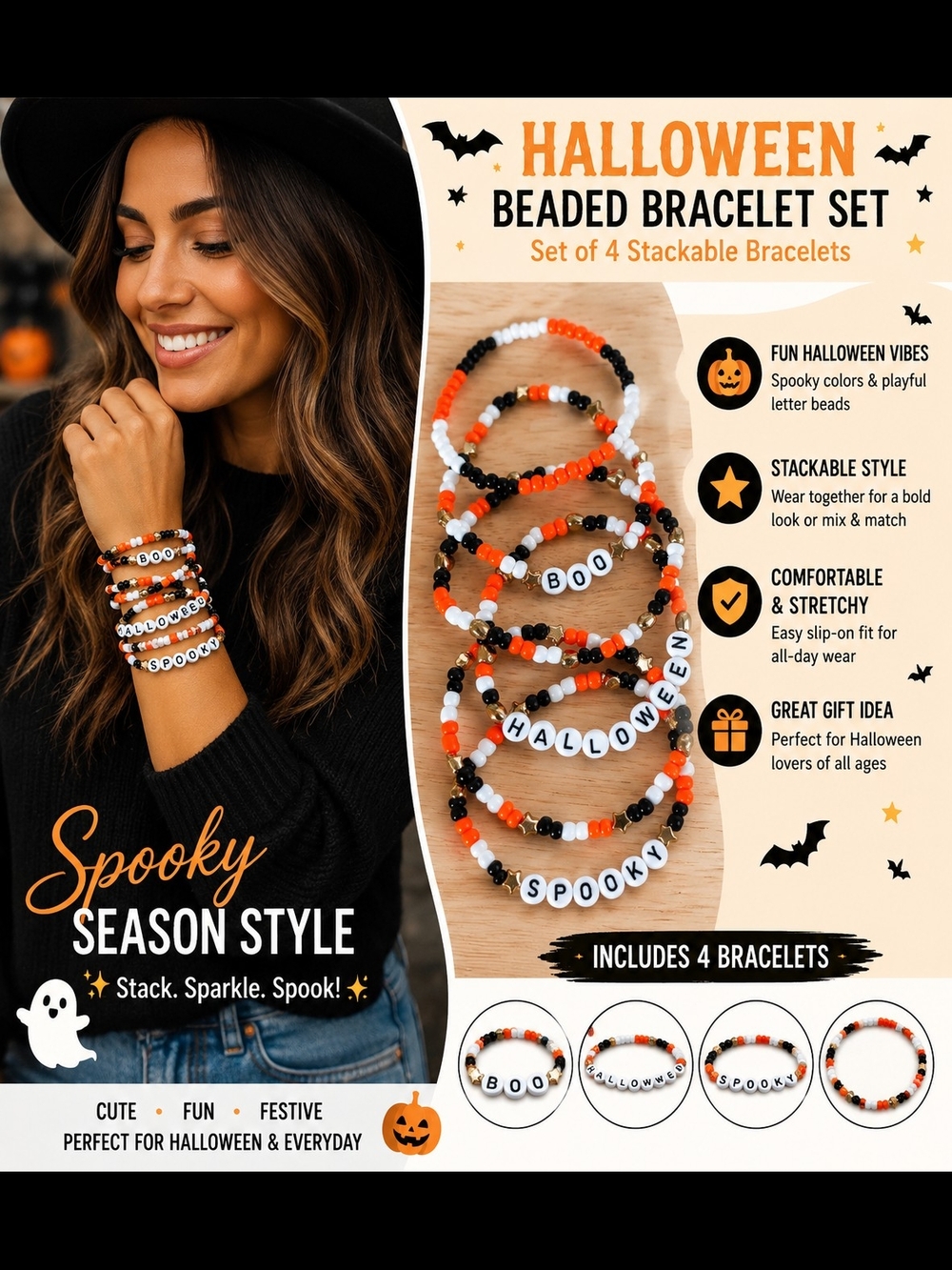 Halloween Spooky Beaded Bracelet Set - Orange, Black & White Stackable Bracelets